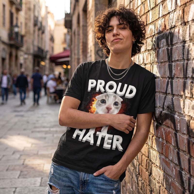 Someone leaning on a brick wall in the street, wearing the proud hater tee.