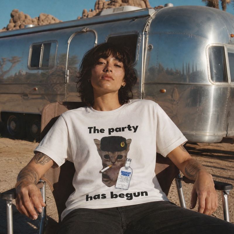 Someone in a camp chair beside an Airstream in the desert, wearing the white party has begun tee.
