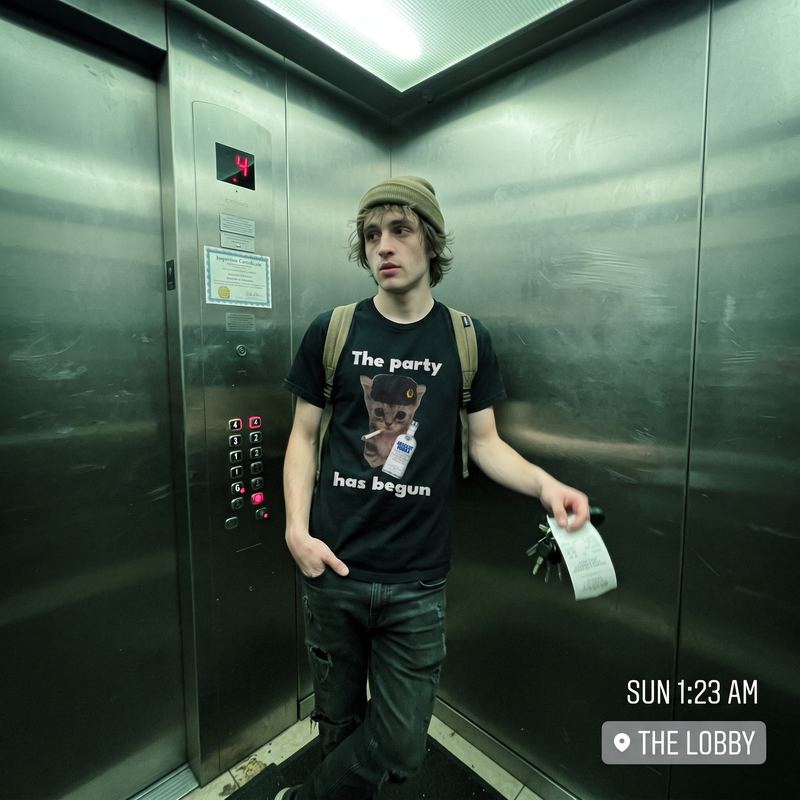 Someone in a lift late at night wearing the party has begun tee.