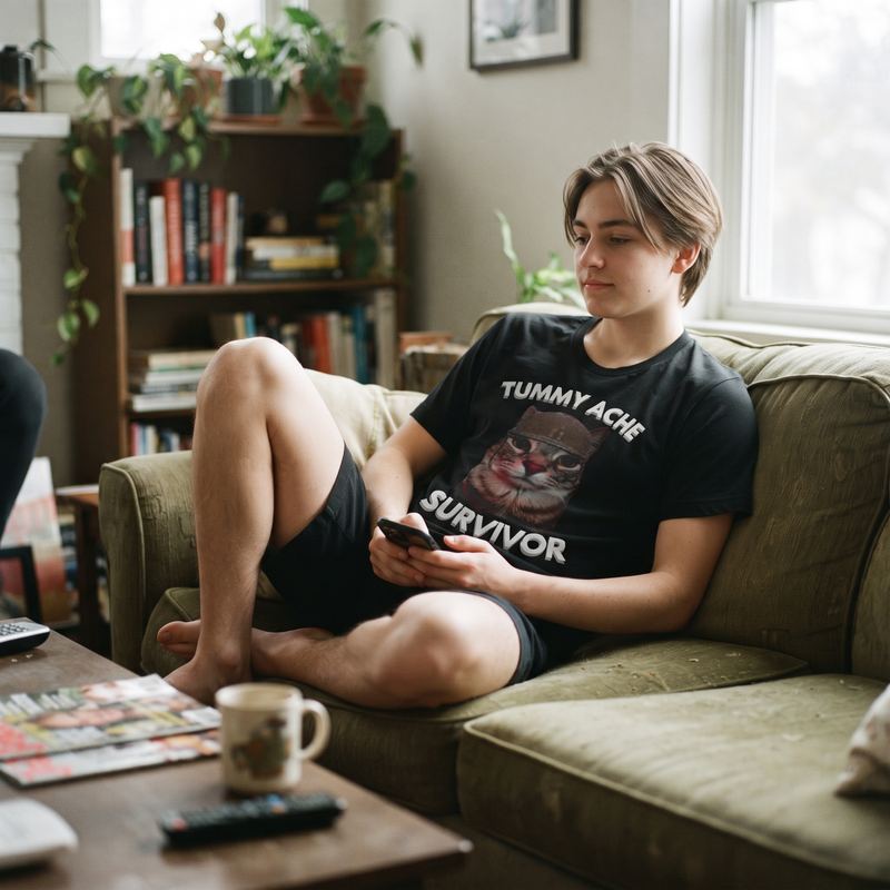 Someone on a sofa with their phone, wearing the tummy ache survivor tee.
